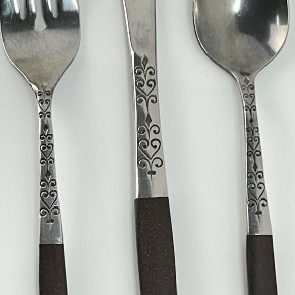 Vtg 3pc Flatware INTERPUR INR2 Japan Stainless Steel Brown Faux Wood Scroll MCM - Picture 2 of 14